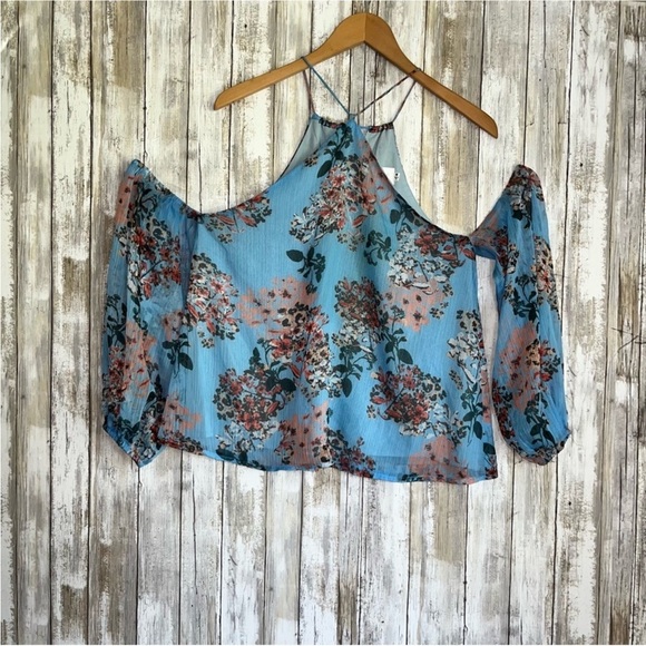 Line & Dot Tops - Line + Dot Blue Floral Open Shoulder Blouse
